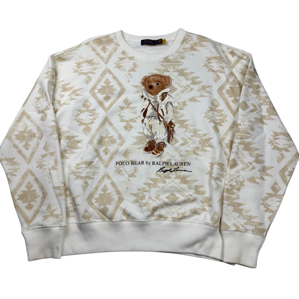 Polo Ralph Lauren Polo Bear Native Geometric Fleece Sweatshirt Cream Tan Mens LG